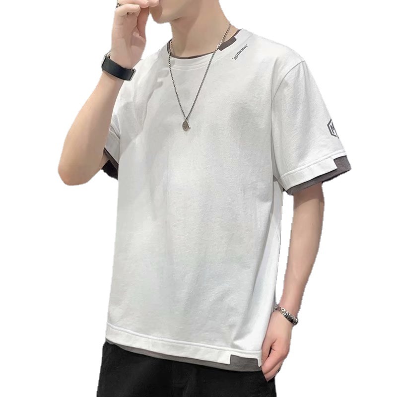 Short sleeved T-shirt men's clothing summer 2022 half sleeved fake two-piece top summer loose fit T-shirt geometric print Short sleeved T-shirt men's clothing summer 2022 half sleeved fake two-piece top summer loose fit T-shirt geometric print