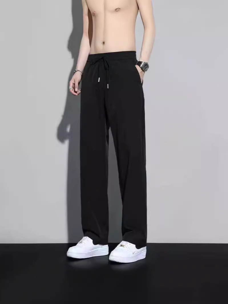 Ice silk pants for boys in summer, thin fit, loose straight leg, hanging feeling, Western pants, elastic waist, quick drying, sports and casual pants