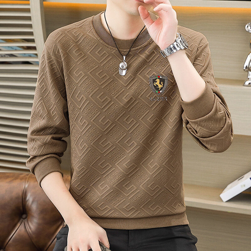 Men's casual versatile hoodie for spring and autumn, new high-end trendy brand jacquard trendy round neck pullover casual base shirt