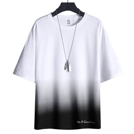 Summer short sleeved t-shirt for men, ins gradient half sleeved handsome loose Hong Kong style top, five quarter sleeved shirt, trendy T-shirt Summer short sleeved t-shirt for men, ins gradient half sleeved handsome loose Hong Kong style top, five quarter sleeved shirt, trendy T-shirt