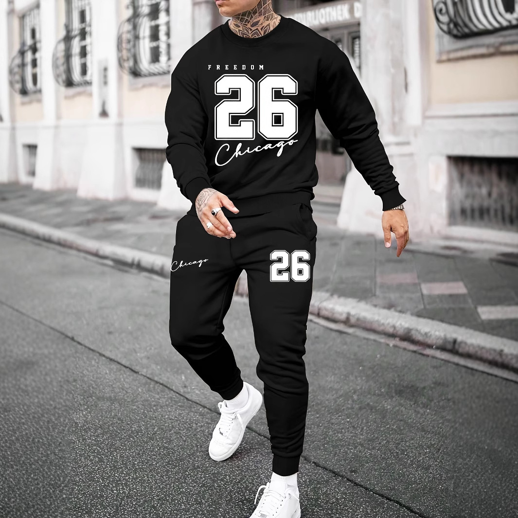 Cross border fashion 3D printed sports and leisure hoodie pants for men in autumn, round neck, simple letter printed Zhejiang style suit