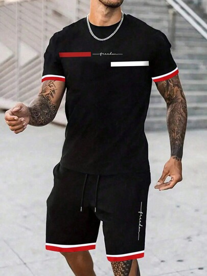 2025 new casual sports short sleeved T-shirt men's summer new gradient letter round neck T-shirt shorts set 2025 new casual sports short sleeved T-shirt men's summer new gradient letter round neck T-shirt shorts set
