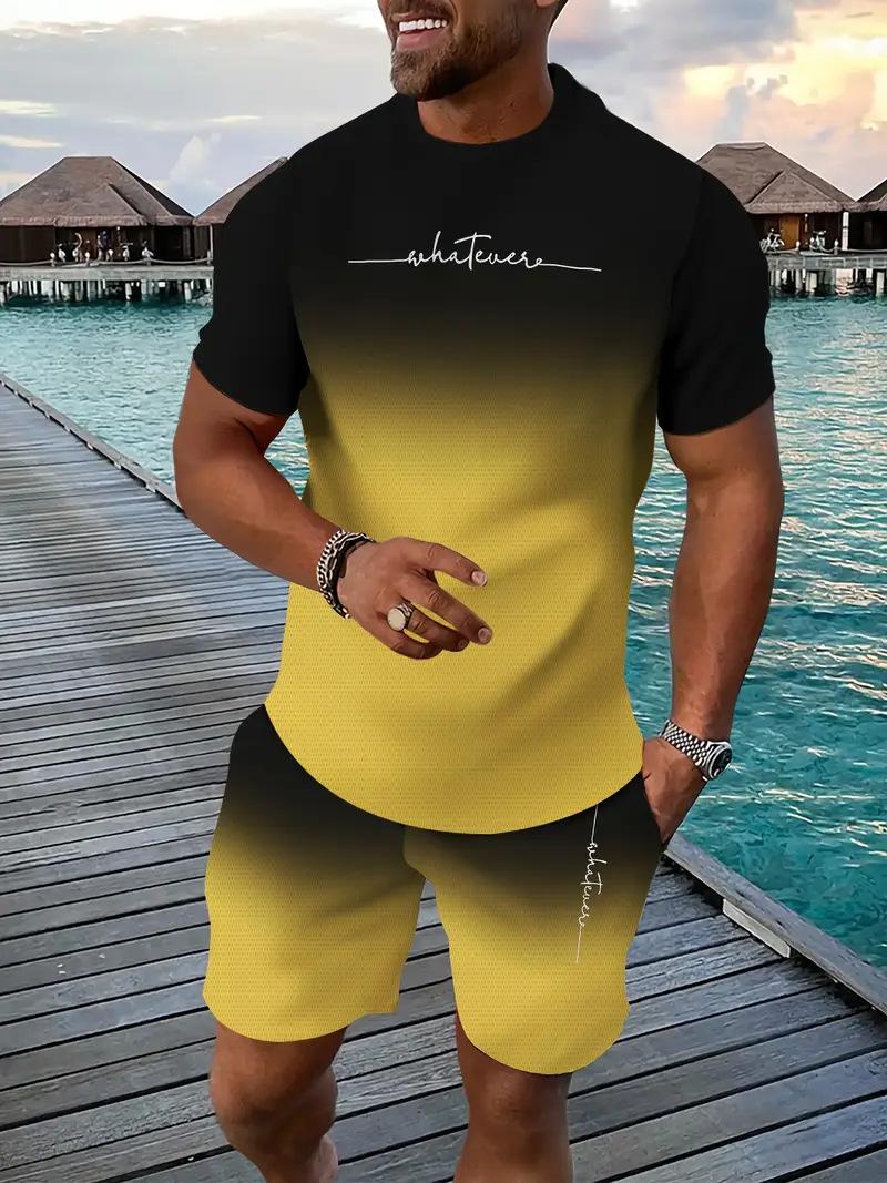 2025 new casual sports short sleeved T-shirt men's summer new gradient letter round neck T-shirt shorts set 2025 new casual sports short sleeved T-shirt men's summer new gradient letter round neck T-shirt shorts set