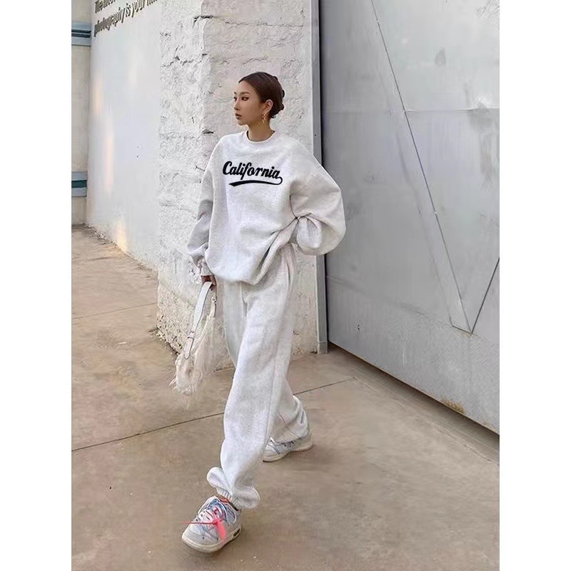 Casual sports suit women's trendy long sleeved pants autumn and winter with fleece thin casual Korean version set