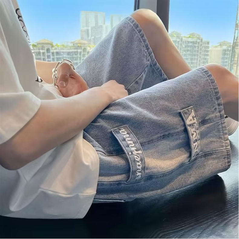 American retro denim shorts for men in summer, thin fit with large pockets, workwear, cropped shorts, loose casual shorts for teenagers American retro denim shorts for men in summer, thin fit with large pockets, workwear, cropped shorts, loose casual shorts for teenagers