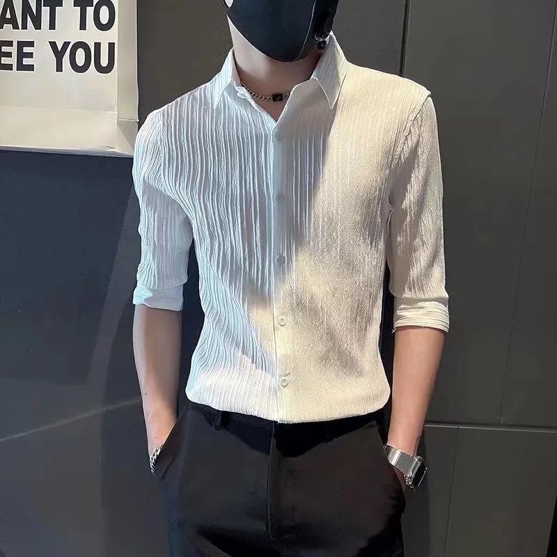 Men's seven quarter sleeved ice silk shirt short sleeved summer men's thin shirt trendy casual trend outstanding half sleeved top