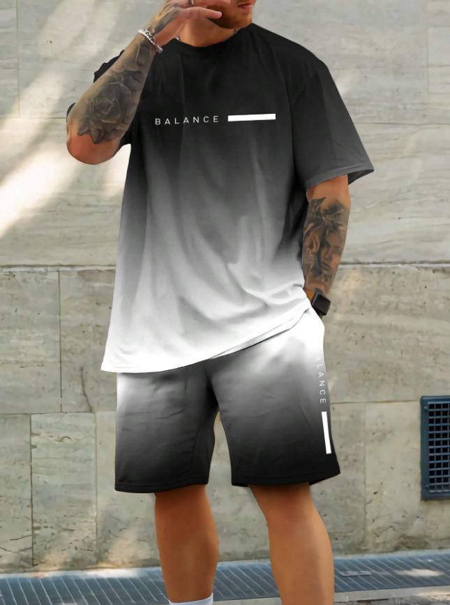2025 new casual sports short sleeved T-shirt men's summer new gradient letter round neck T-shirt shorts set 2025 new casual sports short sleeved T-shirt men's summer new gradient letter round neck T-shirt shorts set