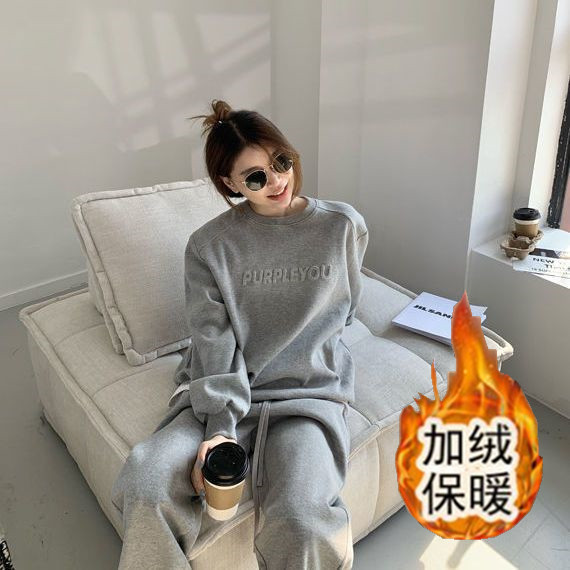 Women's autumn and winter new fashionable loose hoodie and pants two-piece set with added velvet and thickened sports and leisure suit Women's autumn and winter new fashionable loose hoodie and pants two-piece set with added velvet and thickened sports and leisure suit
