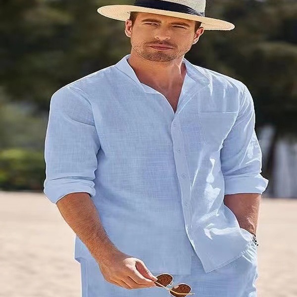 Cross border European and American men's casual sports suit beach loose long sleeved shirt long pants workwear two-piece set casual loose