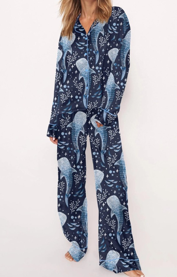 2025 Amazon standalone long sleeved casual sleepwear set with printed fashion buttons for adult casual home wear 2025 Amazon standalone long sleeved casual sleepwear set with printed fashion buttons for adult casual home wear