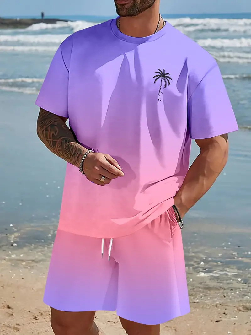 2025 new casual sports short sleeved T-shirt men's summer new gradient letter round neck T-shirt shorts set 2025 new casual sports short sleeved T-shirt men's summer new gradient letter round neck T-shirt shorts set