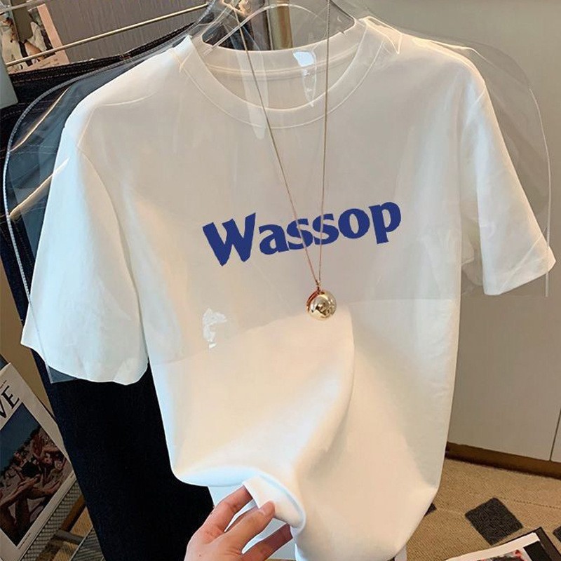 Summer new 2024 summer shoulder short sleeved T-shirt for men and women, versatile and slimming, white letter loose top, ins trendy