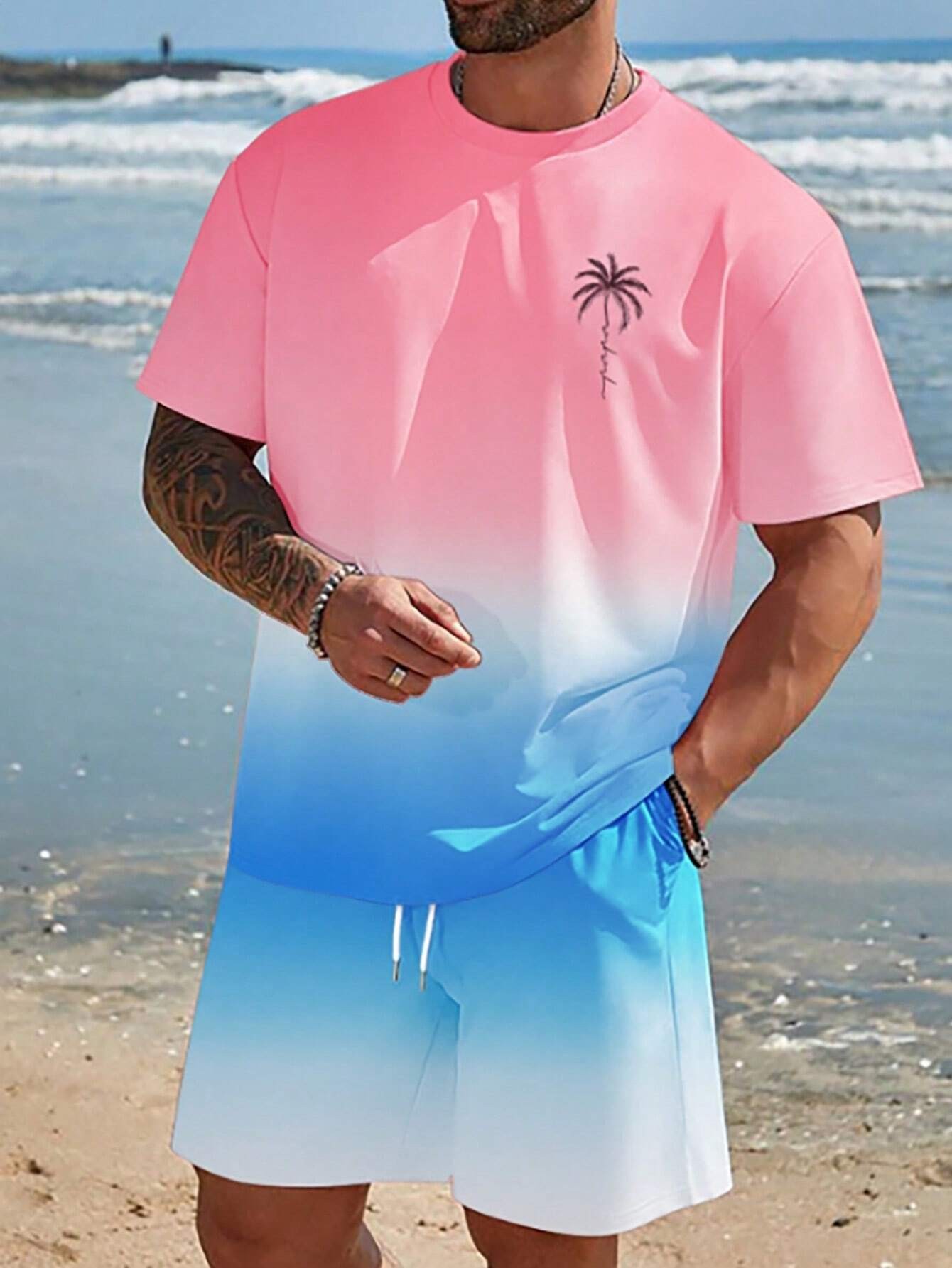 2025 new casual sports short sleeved T-shirt men's summer new gradient letter round neck T-shirt shorts set 2025 new casual sports short sleeved T-shirt men's summer new gradient letter round neck T-shirt shorts set