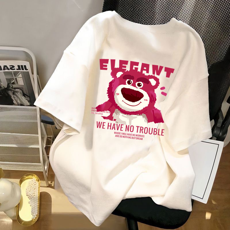 Manufacturer wholesale small fresh strawberry bear white summer short sleeved t-shirt for men and women loose and versatile youth top couple
