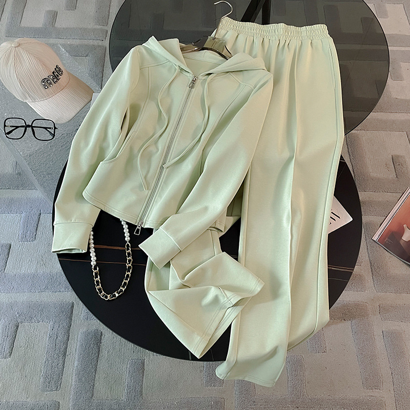 Dopamine fashion temperament set for women's autumn new style, western-style age reducing hooded cardigan top, wide leg pants two-piece set