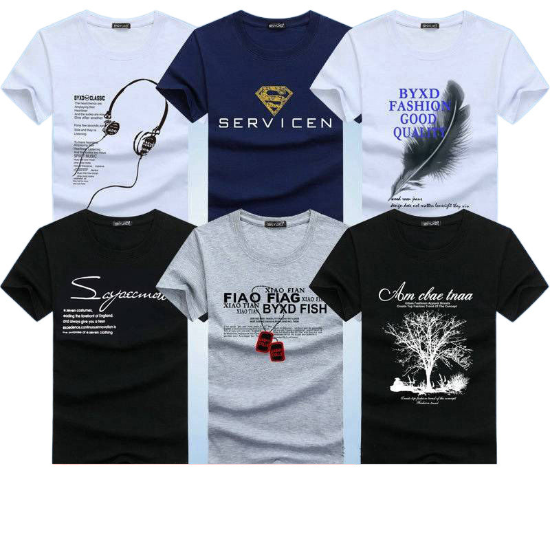 5-piece set of men's short sleeved shirt, men's youth printed T-shirt, round neck base shirt, half sleeved shirt, Korean cross-border shirt