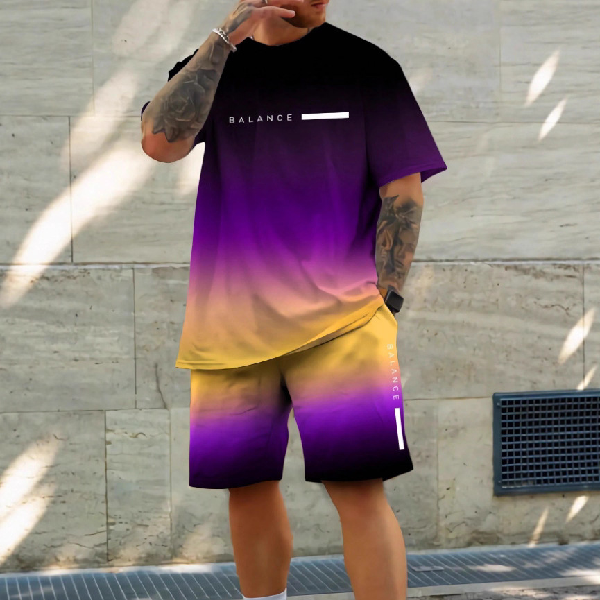 2025 new casual sports short sleeved T-shirt men's summer new gradient letter round neck T-shirt shorts set 2025 new casual sports short sleeved T-shirt men's summer new gradient letter round neck T-shirt shorts set