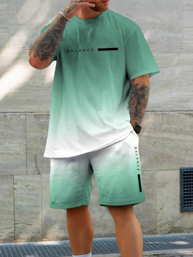2025 new casual sports short sleeved T-shirt men's summer new gradient letter round neck T-shirt shorts set 2025 new casual sports short sleeved T-shirt men's summer new gradient letter round neck T-shirt shorts set