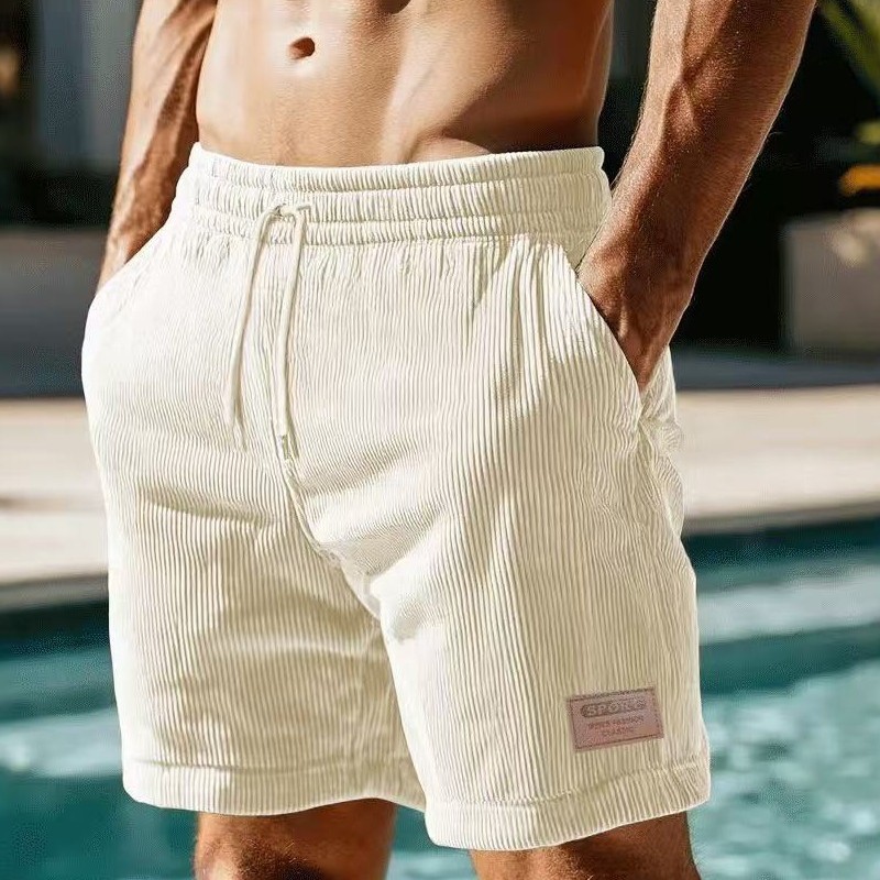 2025 summer solid color lace up casual sports men's corduroy simple five quarter shorts European size versatile breathable trend