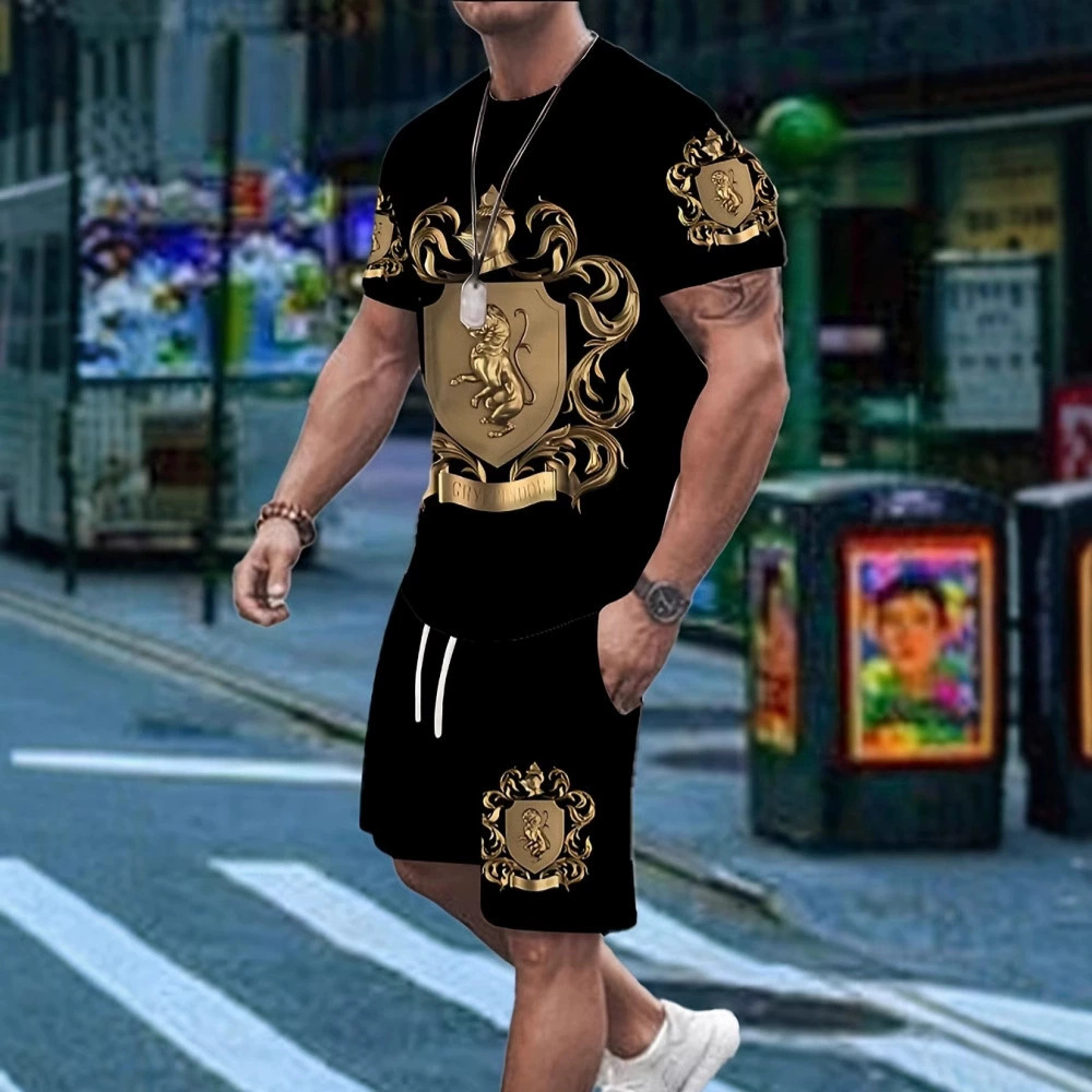 2025 Cross border Hot selling Set Fashion Short sleeved T-shirt Pants Loose Men's 3D Digital Printed Running Two piece Set 2025 Cross border Hot selling Set Fashion Short sleeved T-shirt Pants Loose Men's 3D Digital Printed Running Two piece Set