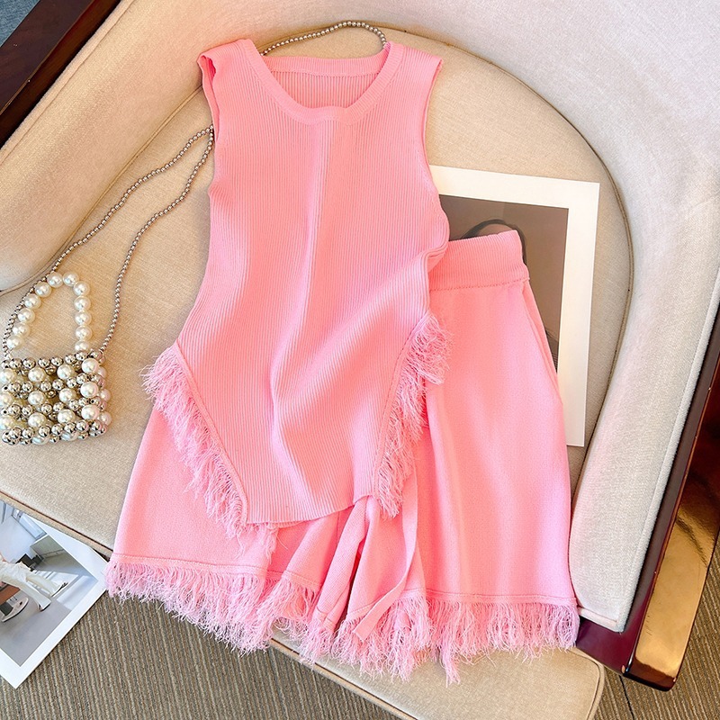 French style sweet and spicy top set for women, pink tassel knitted small camisole vest+high waist wide leg casual shorts