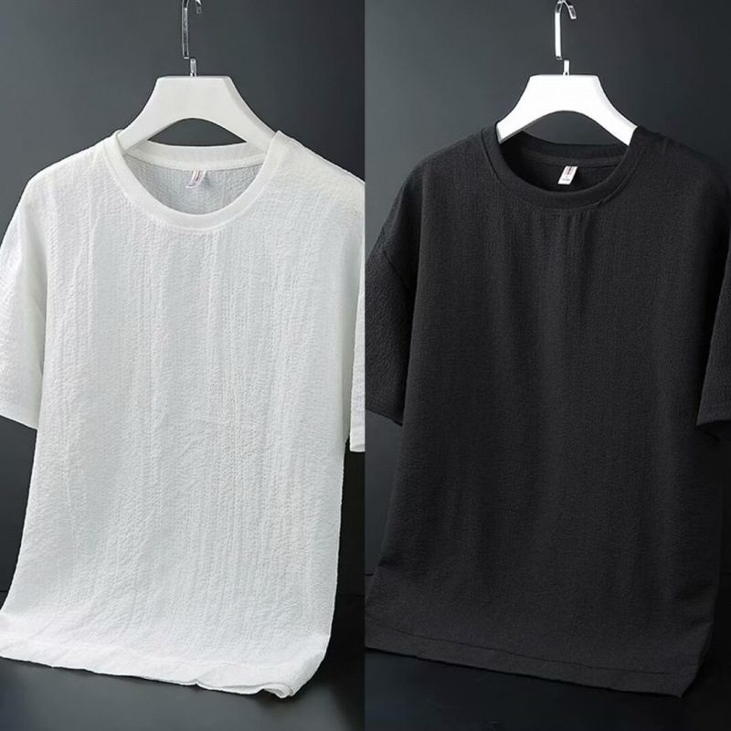 Trendy brand ice silk linen short sleeved T-shirt for men's summer 2025 new white half sleeved T-shirt casual cotton linen top