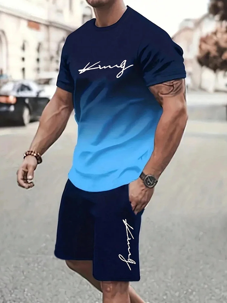 2025 new casual sports short sleeved T-shirt men's summer new gradient letter round neck T-shirt shorts set 2025 new casual sports short sleeved T-shirt men's summer new gradient letter round neck T-shirt shorts set