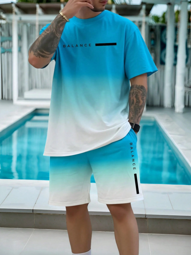 2025 new casual sports short sleeved T-shirt men's summer new gradient letter round neck T-shirt shorts set 2025 new casual sports short sleeved T-shirt men's summer new gradient letter round neck T-shirt shorts set