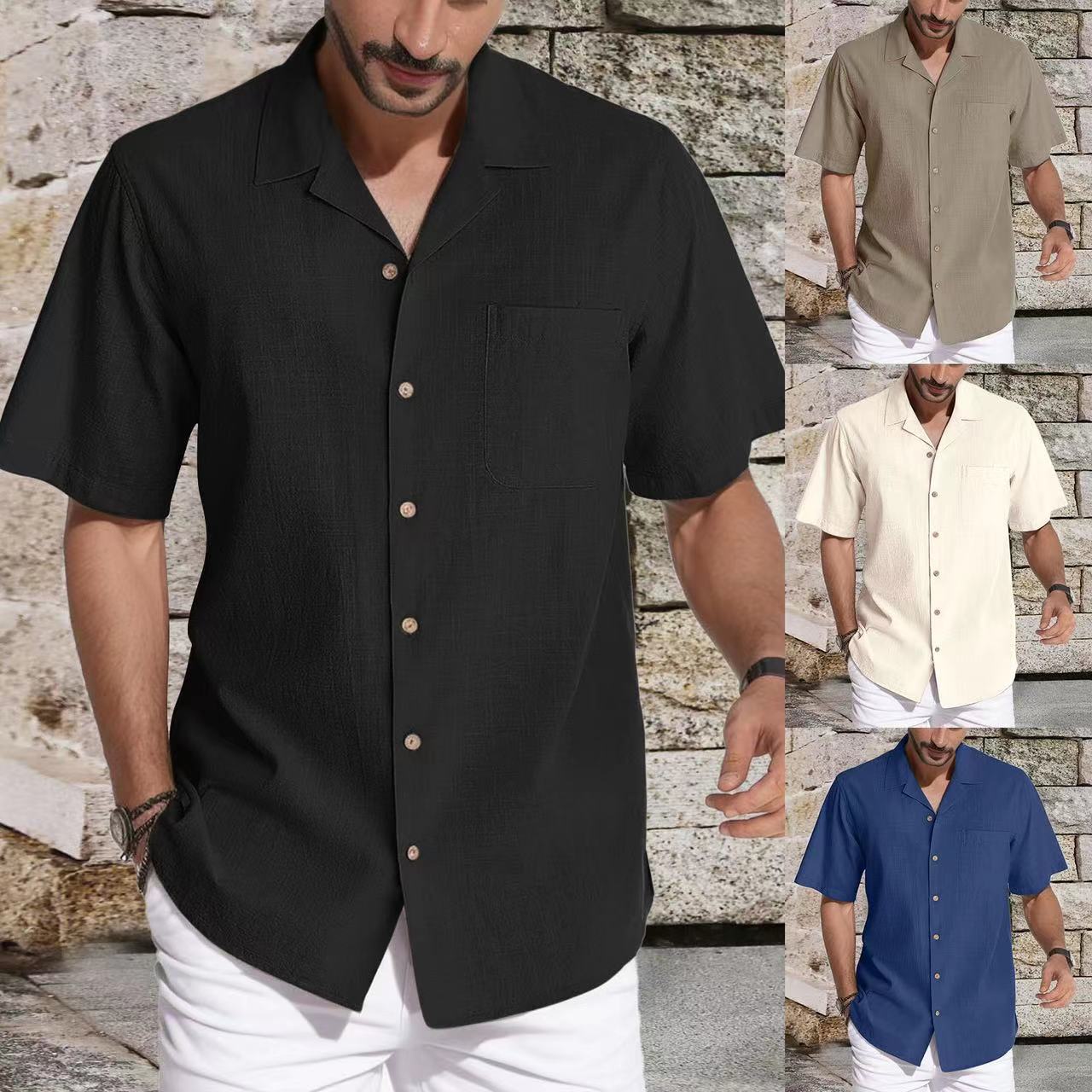 2024 Amazon cross-border cotton and linen beach shirt cardigan men's short sleeved shirt casual sports men's versatile breathable
