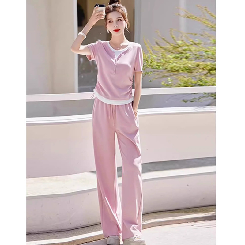 Original Crafted Casual Sports Set for Female Xia, Internet Celebrity, Age Reducing, Waist Reducing, Short Sleeve, Wide Leg Pants, Two Piece Set Original Crafted Casual Sports Set for Female Xia, Internet Celebrity, Age Reducing, Waist Reducing, Short Sleeve, Wide Leg Pants, Two Piece Set