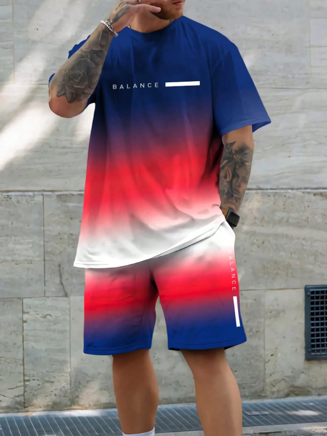 2025 new casual sports short sleeved T-shirt men's summer new gradient letter round neck T-shirt shorts set 2025 new casual sports short sleeved T-shirt men's summer new gradient letter round neck T-shirt shorts set