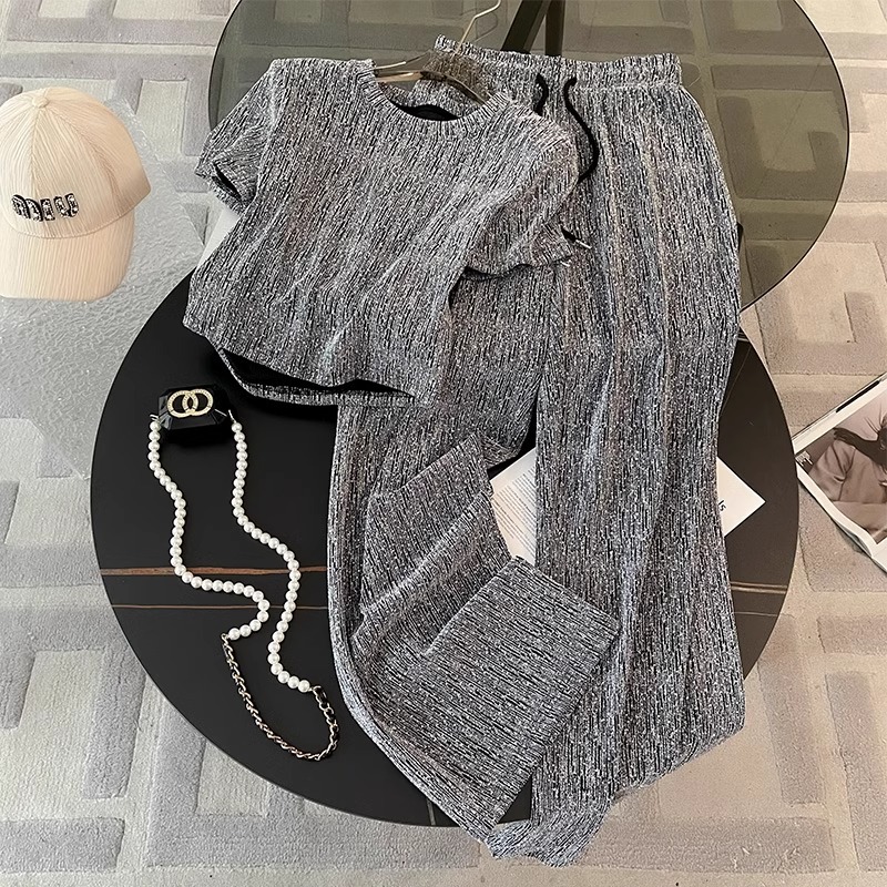 Original Craftsmanship, Trendy Fashion Style Set, Women's Summer Style, Lazy Style, Grey Short sleeved Wide Leg Pants, Two Piece Set