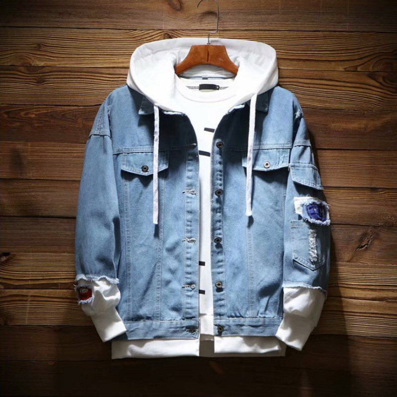 Men's new fake two-piece ripped denim jacket men's youth fashion hooded men's jacket couple outfit