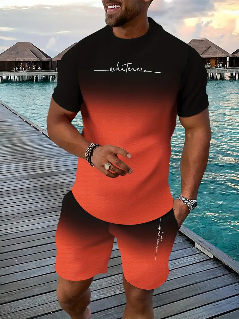 2025 new casual sports short sleeved T-shirt men's summer new gradient letter round neck T-shirt shorts set 2025 new casual sports short sleeved T-shirt men's summer new gradient letter round neck T-shirt shorts set