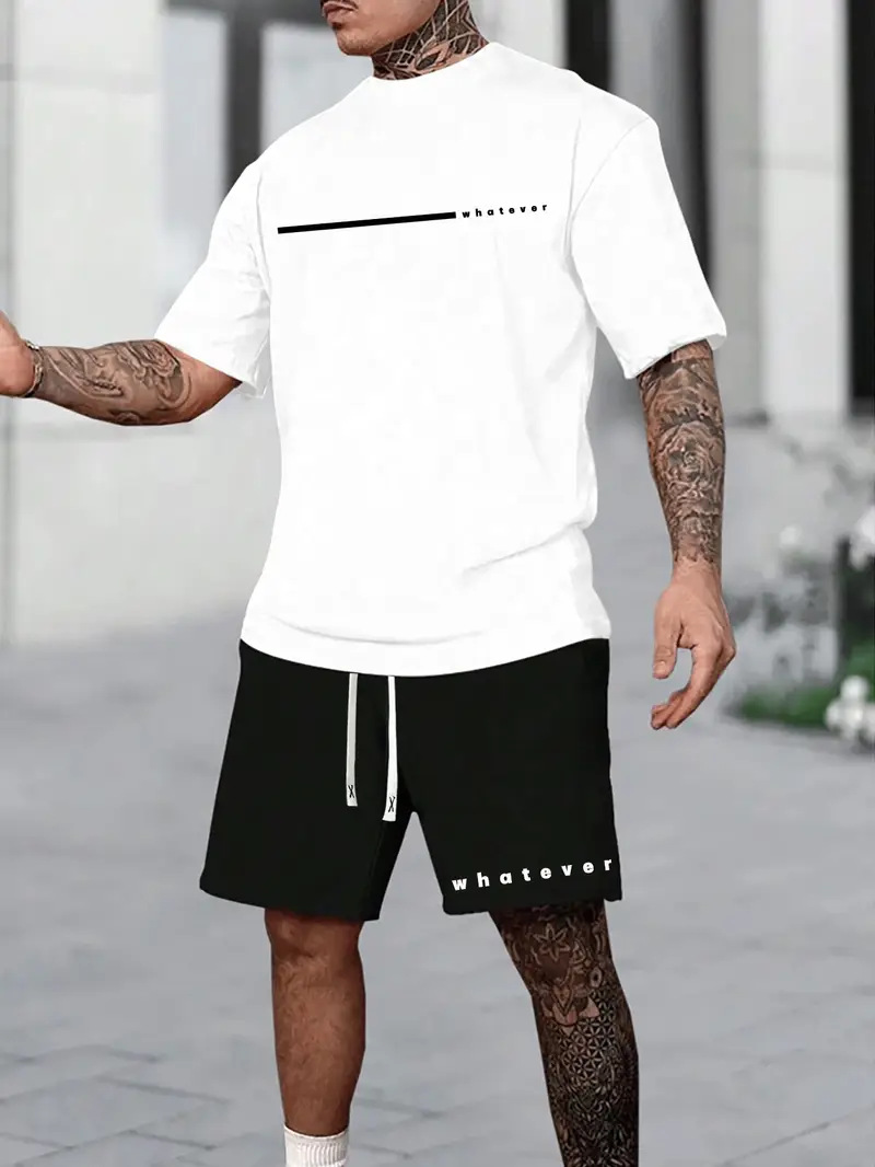 2025 new casual sports short sleeved T-shirt men's summer new gradient letter round neck T-shirt shorts set 2025 new casual sports short sleeved T-shirt men's summer new gradient letter round neck T-shirt shorts set