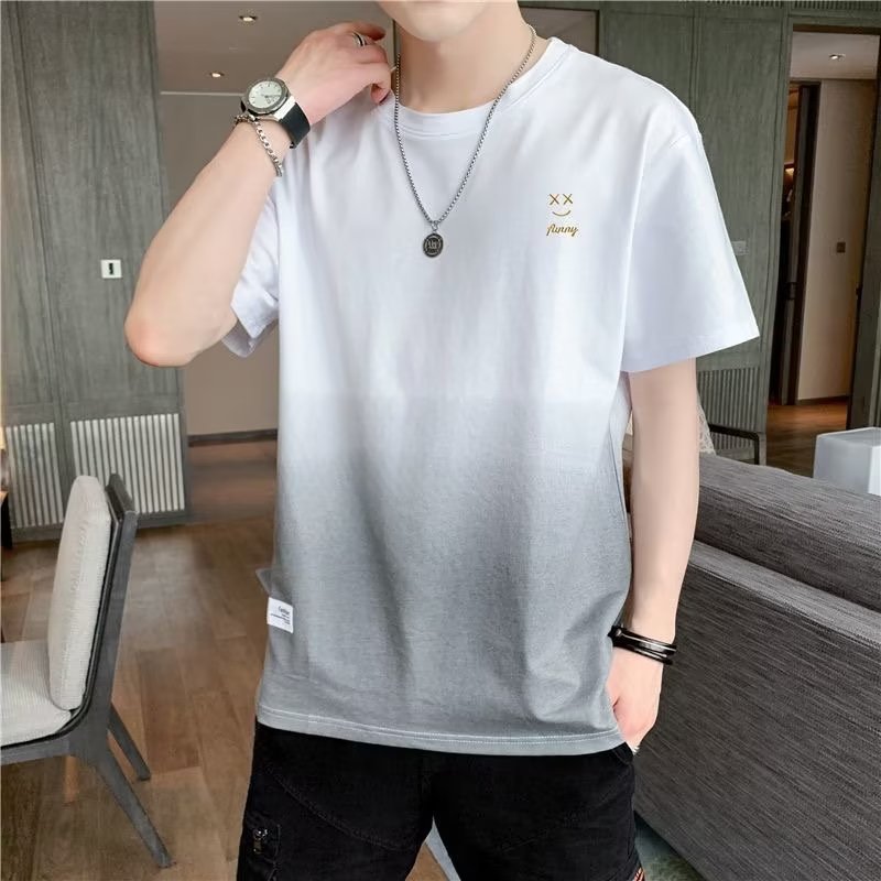 Men's Summer Trendy Brand Versatile Short Sleeve T-shirt Gradient Clothes Cotton Loose Half Sleeve Men's Top Trendy T-shirt