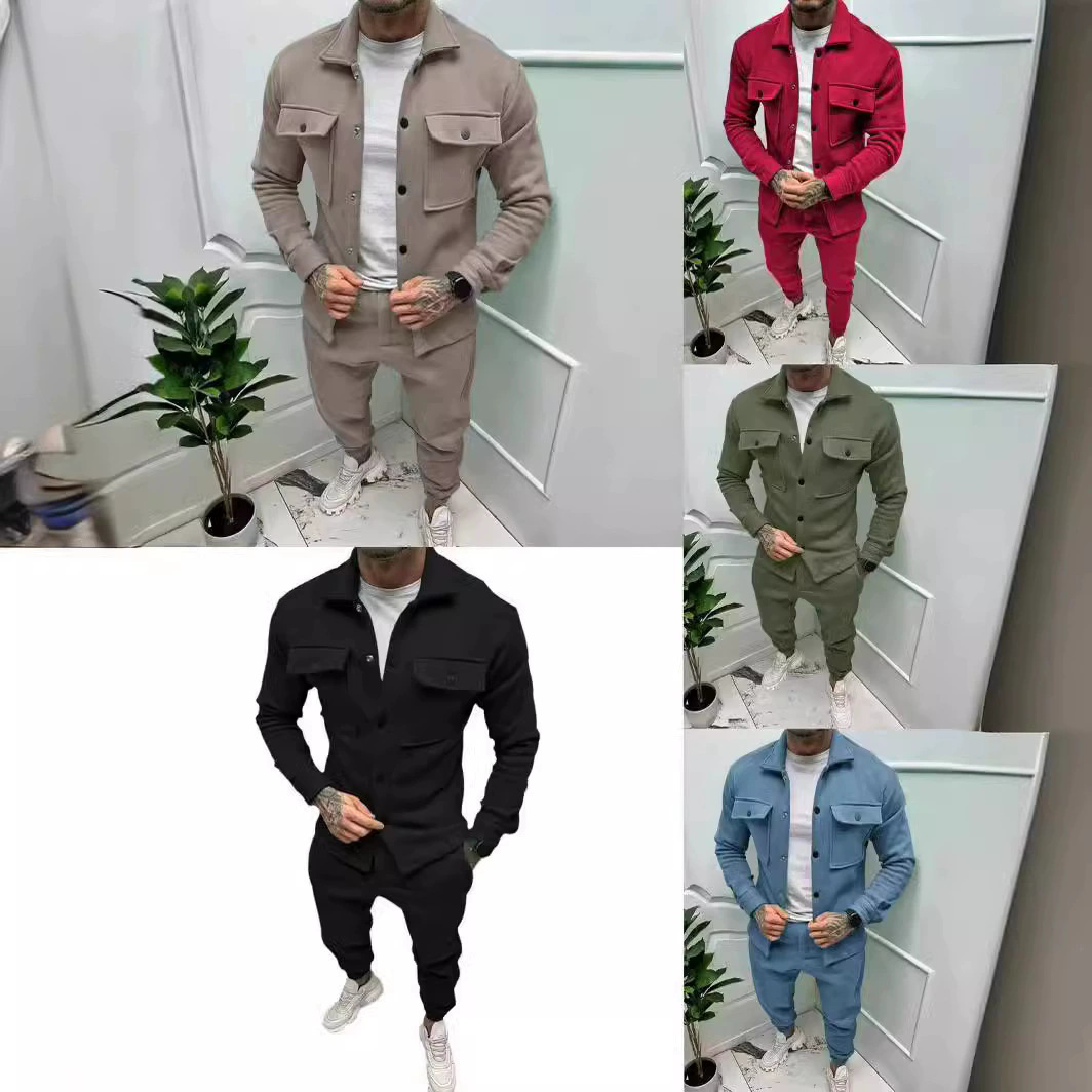 Cross border sports European and American men's pants two-piece set men's decoration body solid color men's set casual versatile all season universal