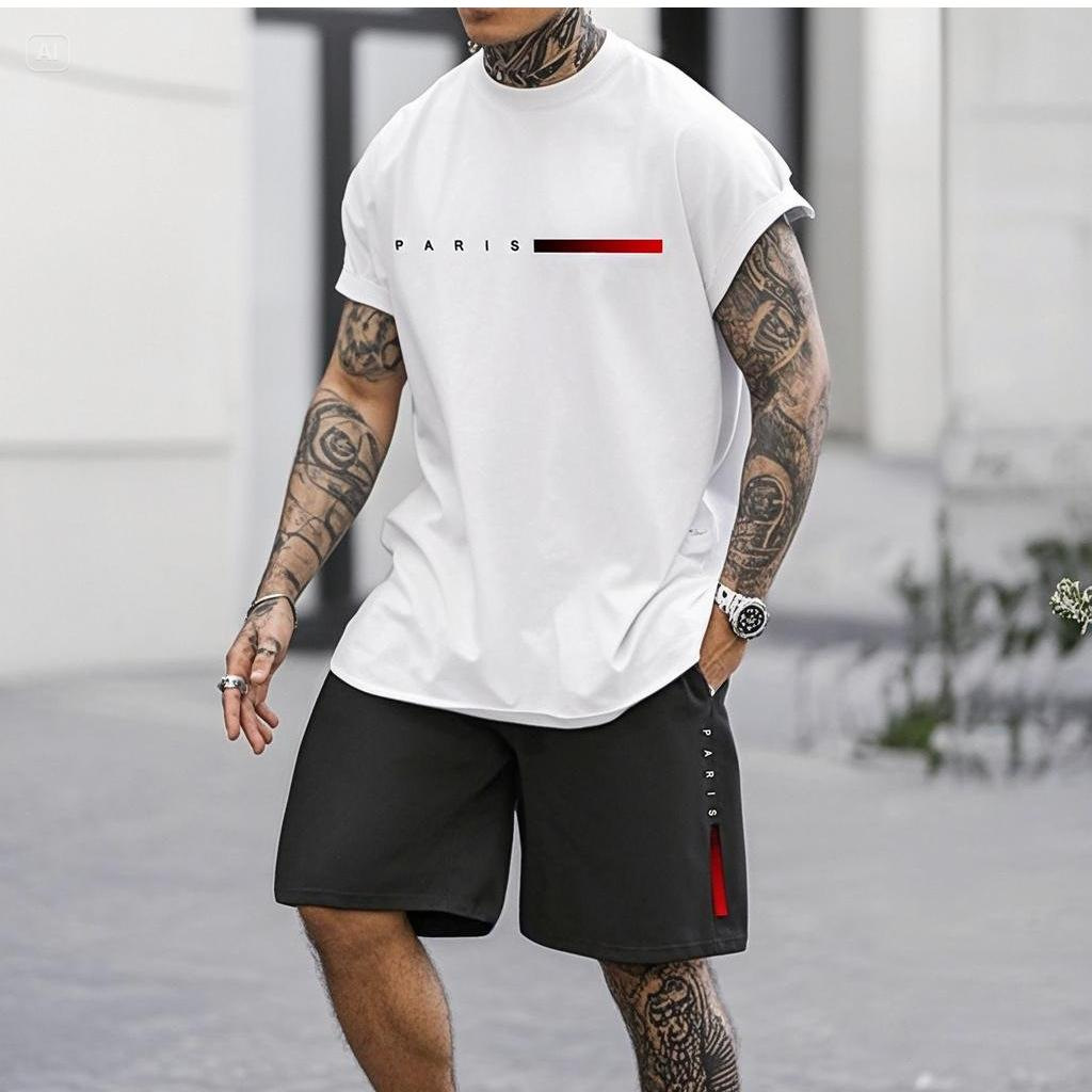 2025 new casual sports short sleeved T-shirt men's summer new gradient letter round neck T-shirt shorts set 2025 new casual sports short sleeved T-shirt men's summer new gradient letter round neck T-shirt shorts set