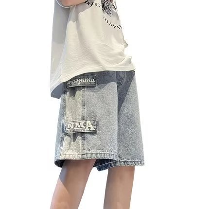 American retro denim shorts for men in summer, thin fit with large pockets, workwear, cropped shorts, loose casual shorts for teenagers American retro denim shorts for men in summer, thin fit with large pockets, workwear, cropped shorts, loose casual shorts for teenagers