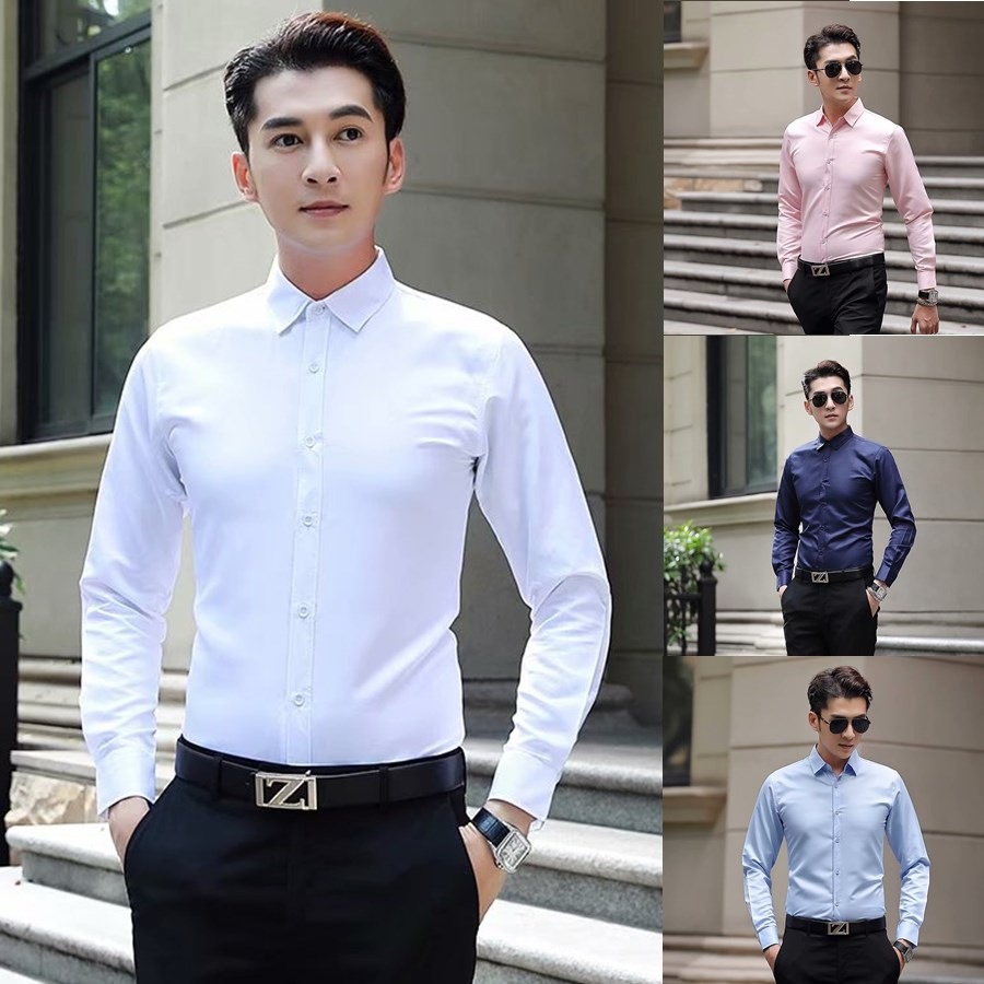 Men's white shirt, youth Korean style trendy slim fit new men's long sleeved shirt, solid color, no iron inch shirt, one piece hair replacement