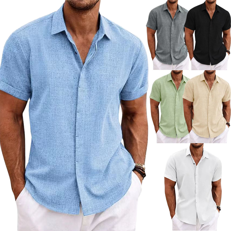 Men's linen short sleeved T-shirt loose sweatshirt solid color short sleeved cotton linen shirt men's beach plus men's short sleeved shirt