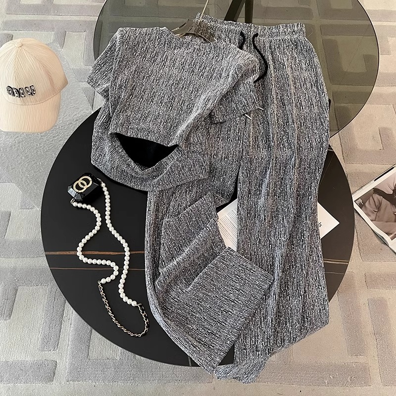 Original Craftsmanship, Trendy Fashion Style Set, Women's Summer Style, Lazy Style, Grey Short sleeved Wide Leg Pants, Two Piece Set Original Craftsmanship, Trendy Fashion Style Set, Women's Summer Style, Lazy Style, Grey Short sleeved Wide Leg Pants, Two Piece Set