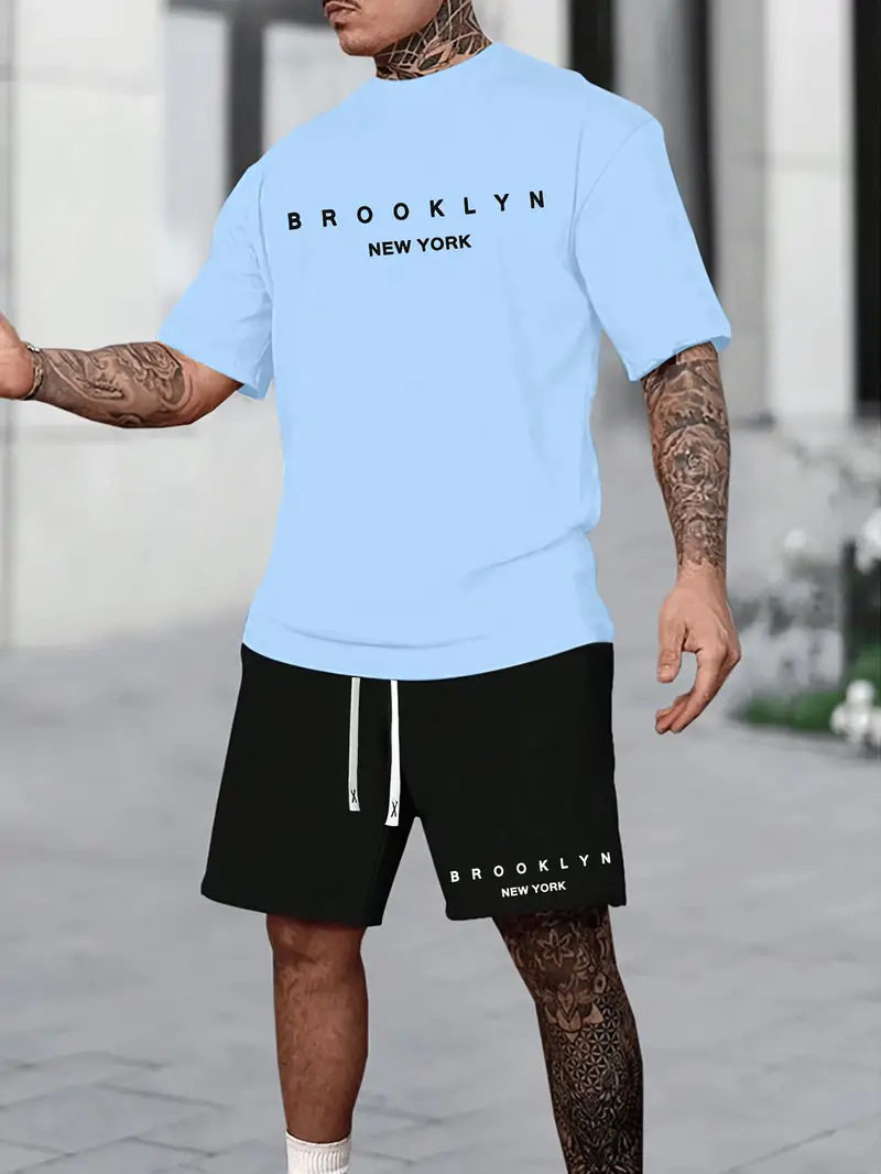 2025 new casual sports short sleeved T-shirt men's summer new gradient letter round neck T-shirt shorts set 2025 new casual sports short sleeved T-shirt men's summer new gradient letter round neck T-shirt shorts set