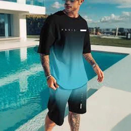 2025 new casual sports short sleeved T-shirt men's summer new gradient letter round neck T-shirt shorts set 2025 new casual sports short sleeved T-shirt men's summer new gradient letter round neck T-shirt shorts set