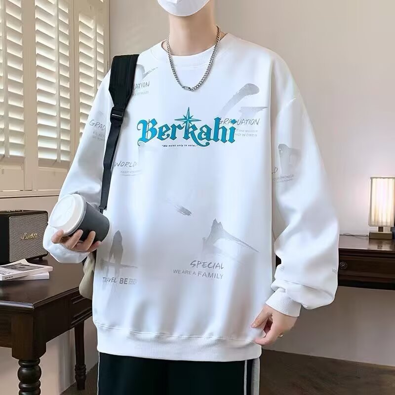 Spring round neck hoodie for men, trendy brand for teenagers, middle and high school students, cool base shirt for men, loose casual T-shirt