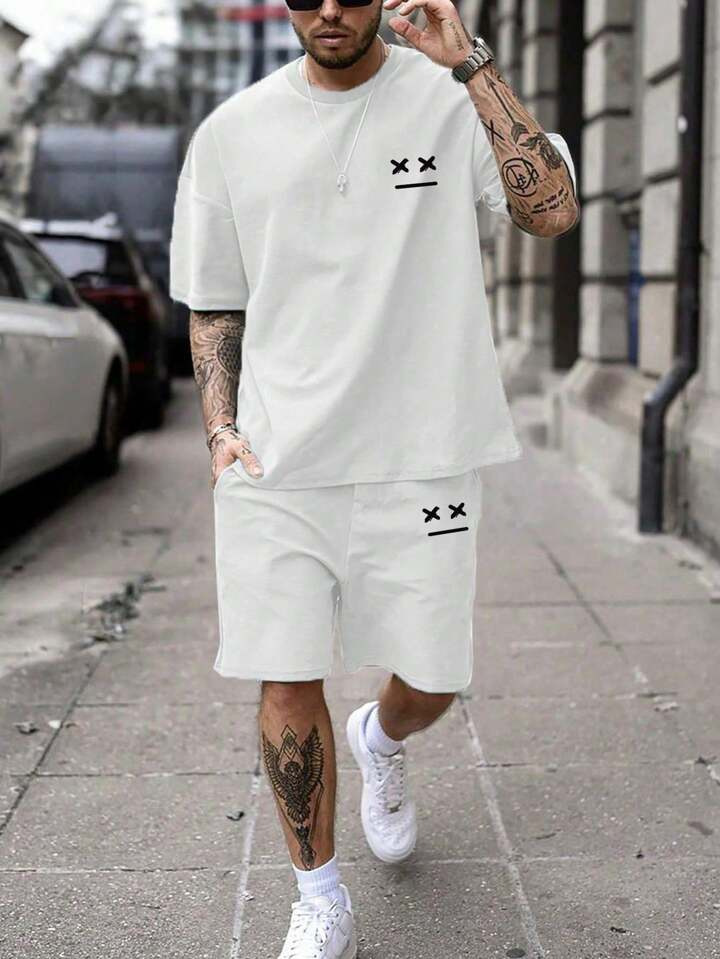 2025 new casual sports short sleeved T-shirt men's summer new gradient letter round neck T-shirt shorts set 2025 new casual sports short sleeved T-shirt men's summer new gradient letter round neck T-shirt shorts set