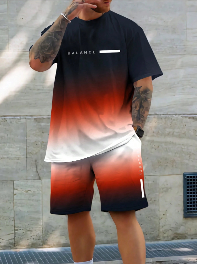 2025 new casual sports short sleeved T-shirt men's summer new gradient letter round neck T-shirt shorts set 2025 new casual sports short sleeved T-shirt men's summer new gradient letter round neck T-shirt shorts set