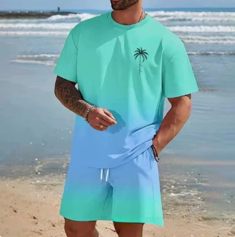 2025 new casual sports short sleeved T-shirt men's summer new gradient letter round neck T-shirt shorts set 2025 new casual sports short sleeved T-shirt men's summer new gradient letter round neck T-shirt shorts set