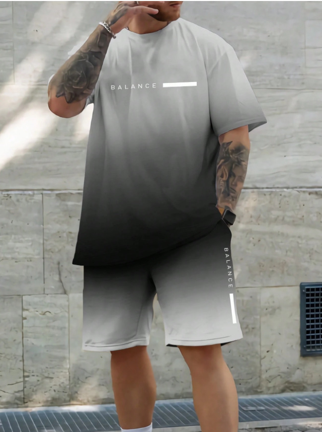 2025 new casual sports short sleeved T-shirt men's summer new gradient letter round neck T-shirt shorts set 2025 new casual sports short sleeved T-shirt men's summer new gradient letter round neck T-shirt shorts set