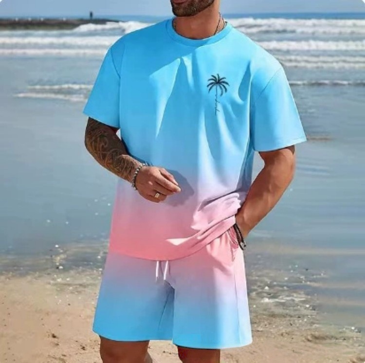 2025 new casual sports short sleeved T-shirt men's summer new gradient letter round neck T-shirt shorts set 2025 new casual sports short sleeved T-shirt men's summer new gradient letter round neck T-shirt shorts set